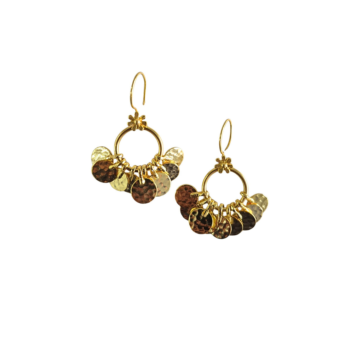 Pair of small gold-tone hoop earrings hung around the lower half with hammered gold-tone discs, below a tiny flower on a hook.