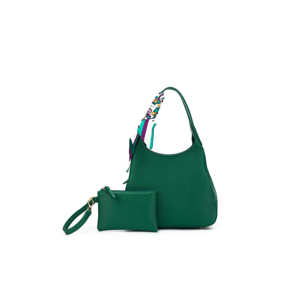 Green top handle bag with a printed scarf tied on its handle, beside its matching green wristlet pouch.