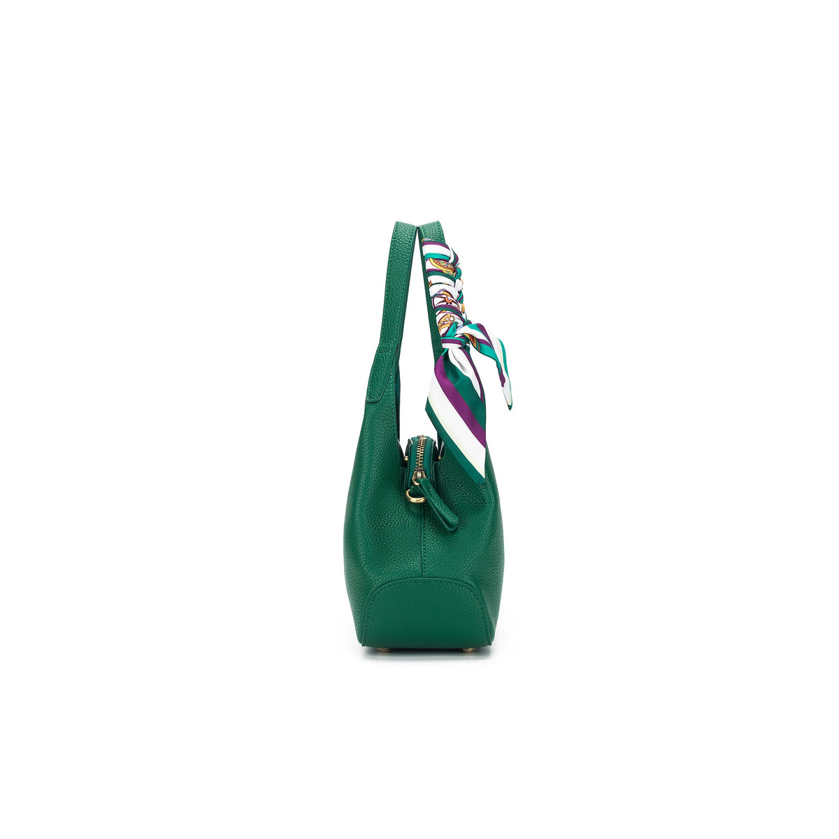 Side view of the green bag, showing its depth and a zip pull.