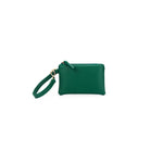 The green wristlet pouch on its own, with a zip top and a wrist loop.