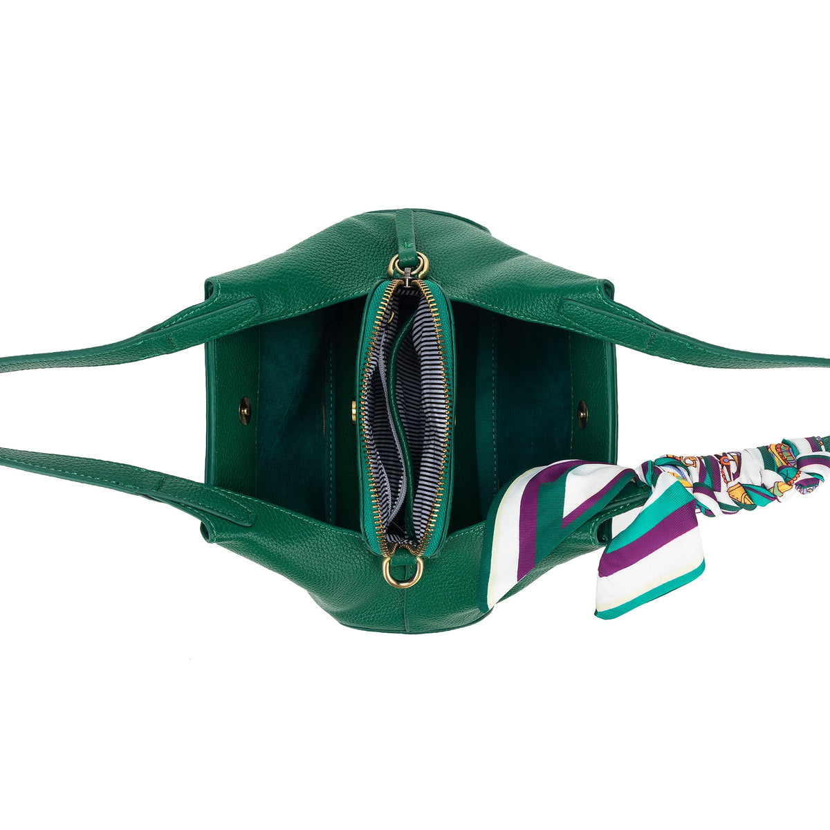 Looking into the green bag: two open compartments either side of a zipped middle section with a striped lining.