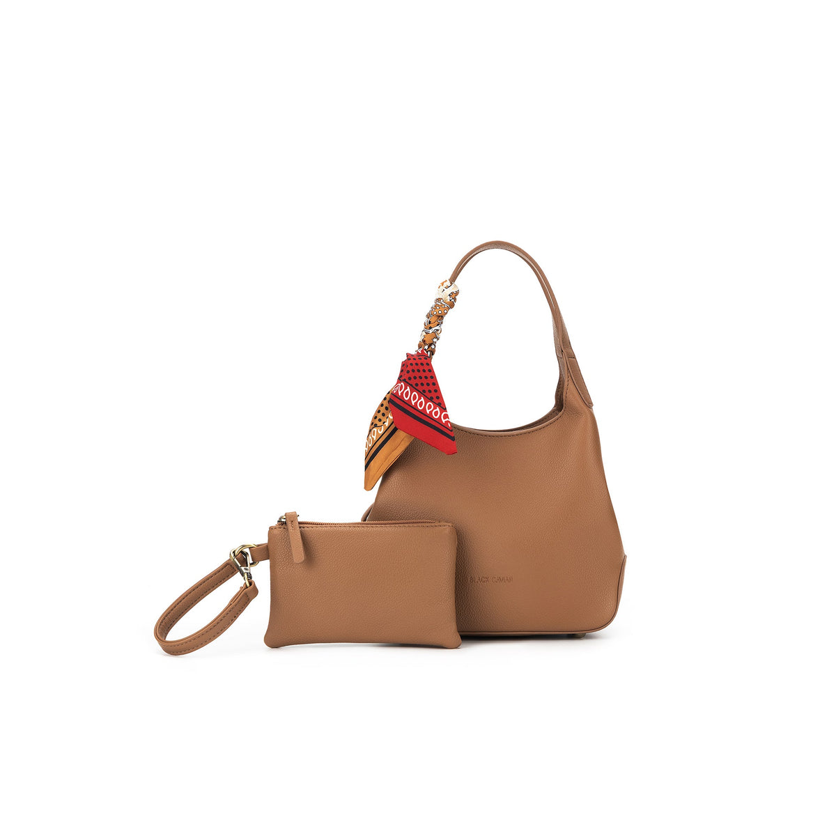 Mocha brown top handle bag with a red printed scarf tied on its handle, beside its matching wristlet pouch.