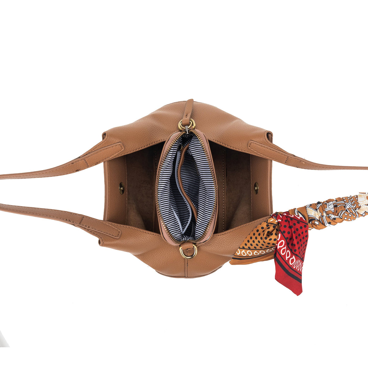 Looking into the mocha bag: two open compartments either side of a zipped middle section with a striped lining.