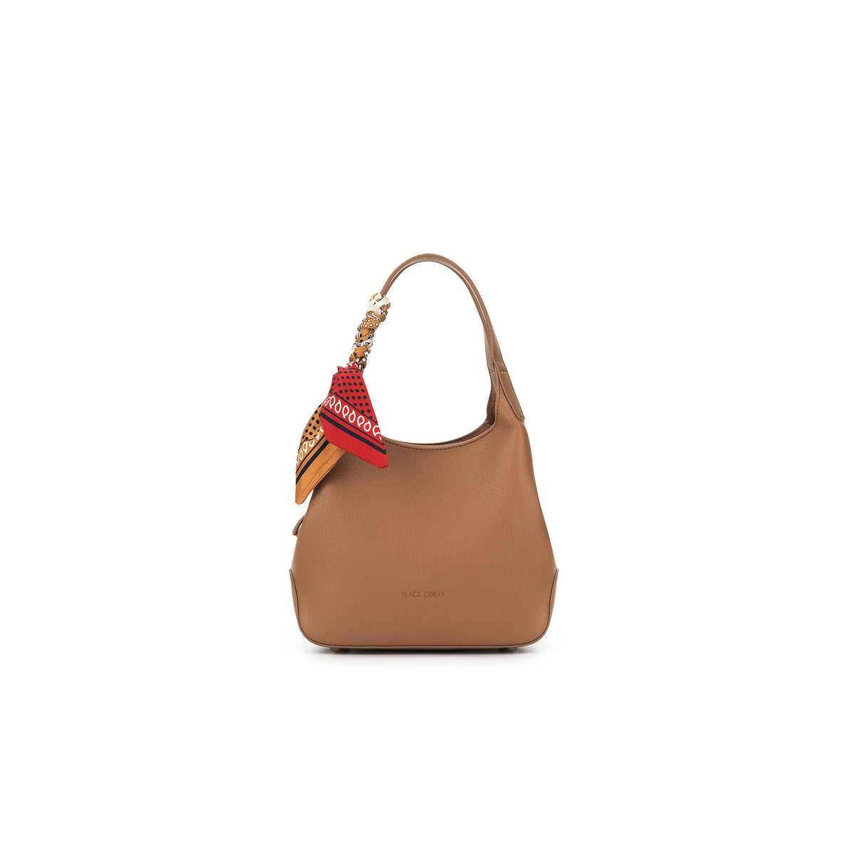 The mocha bag from the front, a red printed scarf tied around its curved handle.