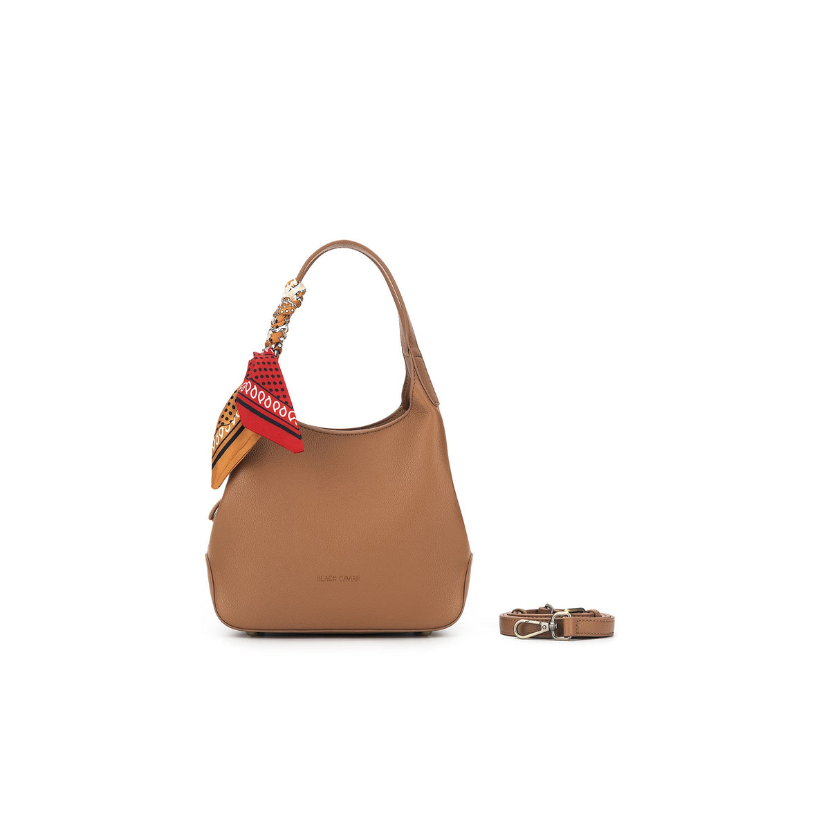 The mocha bag from the front, its long strap coiled beside it.