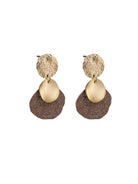 Pair of drop earrings with a hammered gold-tone disc, a brushed gold-tone oval and a matte mocha leaf pierced with tiny holes