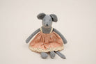 Grey mouse in a peach dress with a cream lace hem and small embroidered flowers.