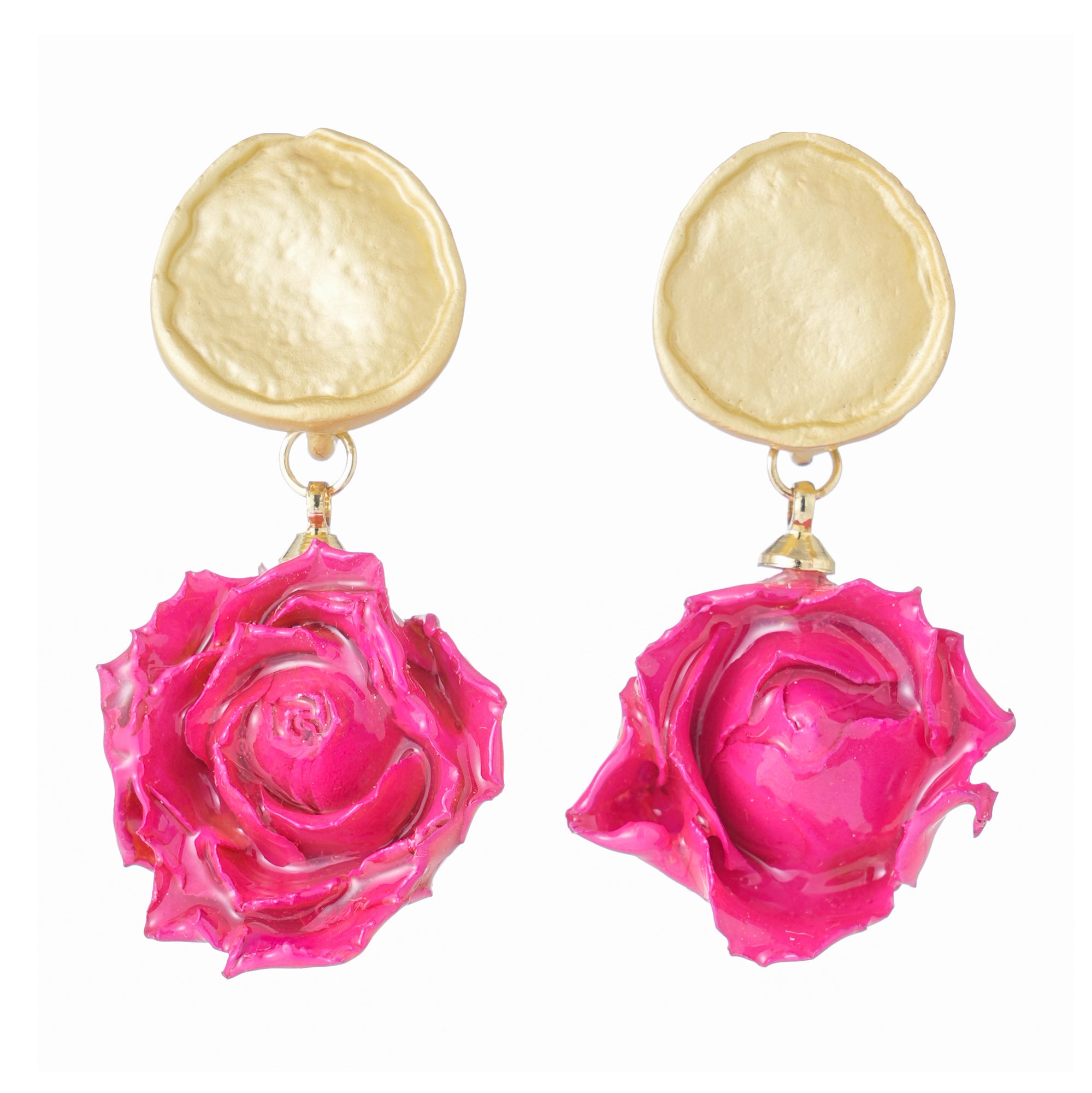 Drop earrings with a textured gold-tone disc and a bright pink dried rose bud
