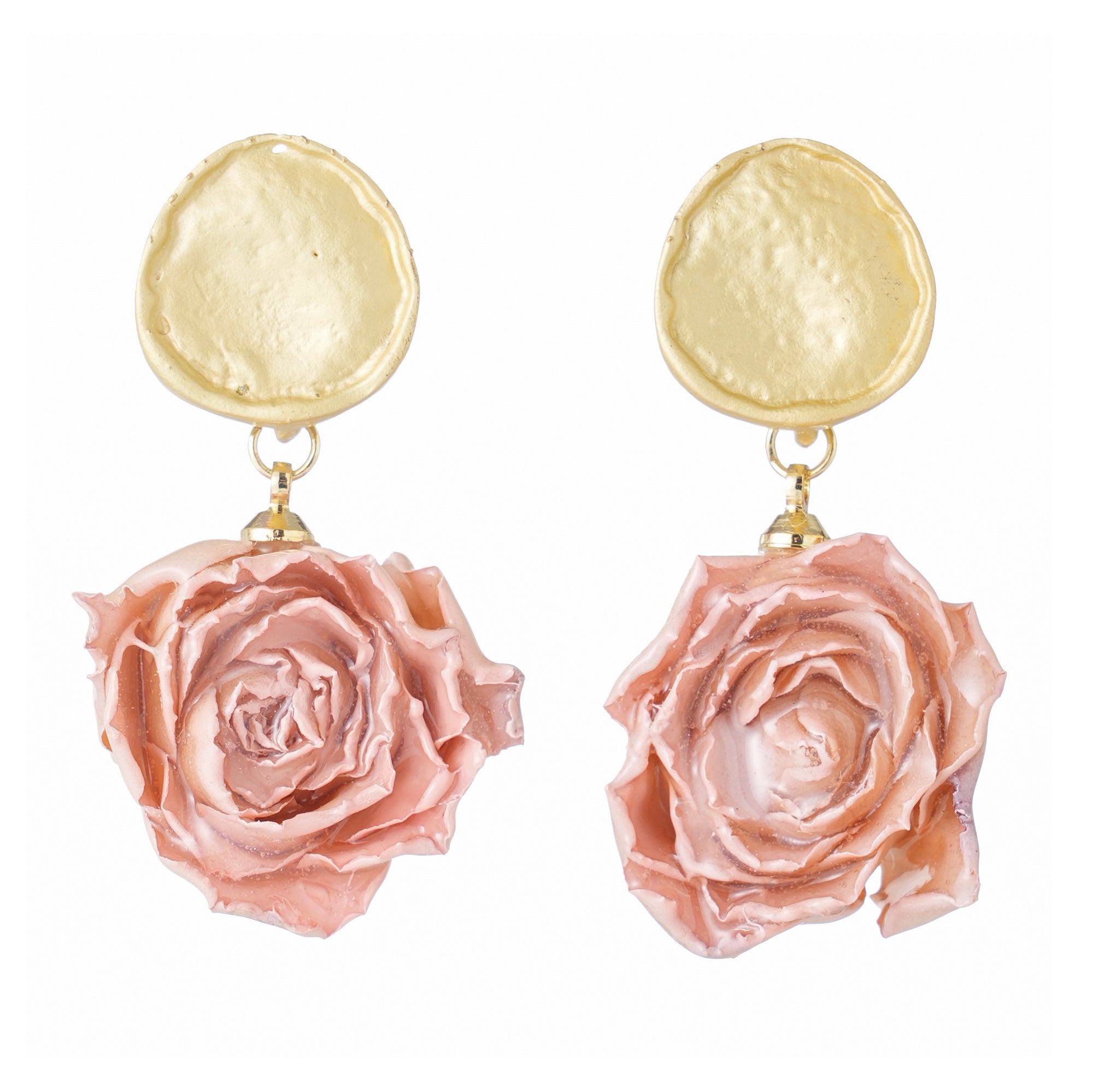 Drop earrings with a textured gold-tone disc and a light pink dried rose bud