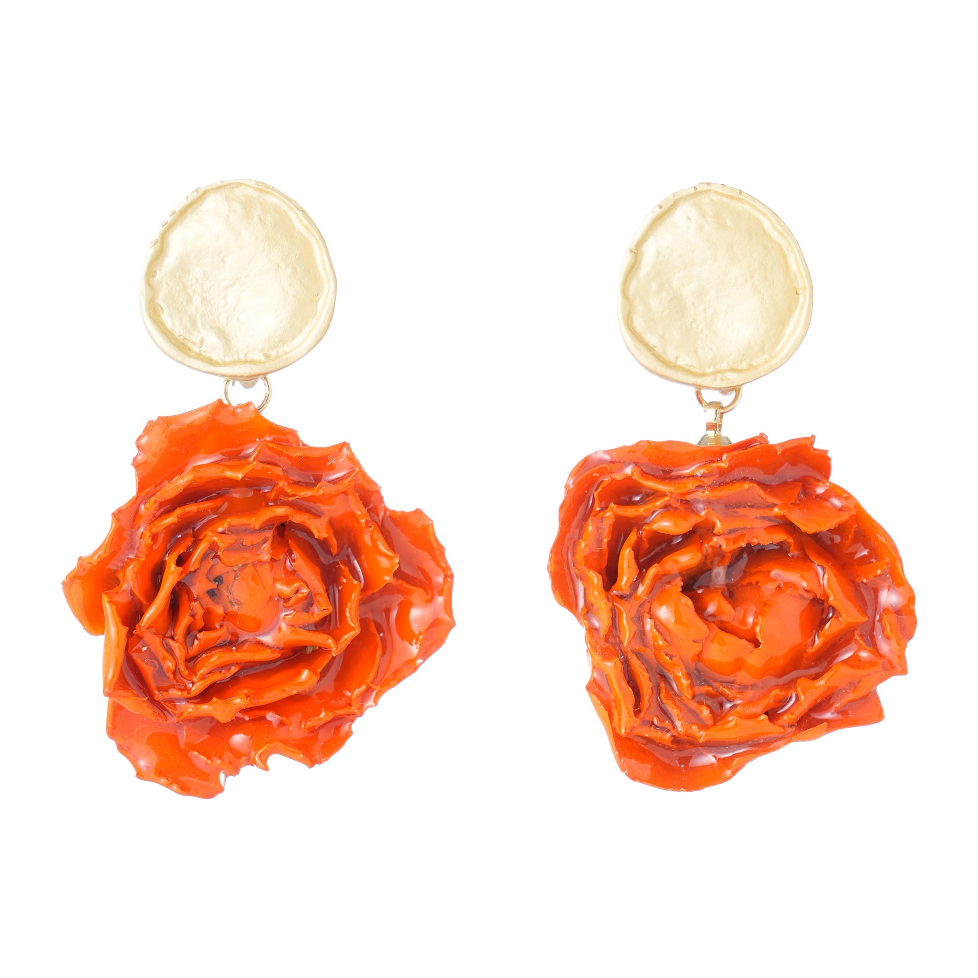 Drop earrings with a textured gold-tone disc and an orange dried rose bud