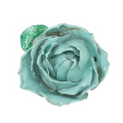 Close-up of the aqua rose with a green leaf