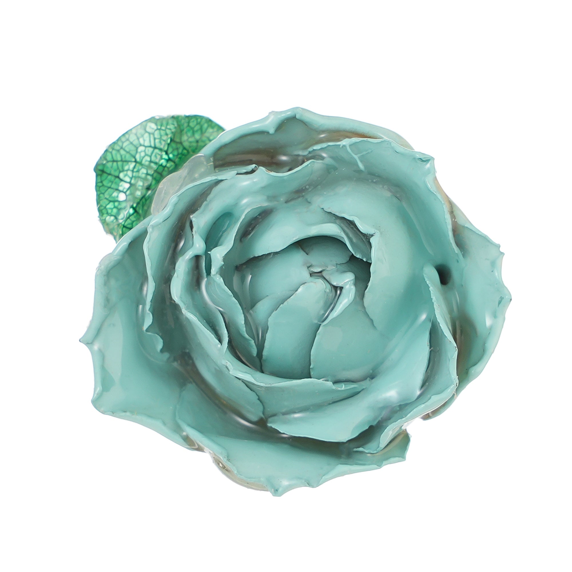 Close-up of the aqua rose with a green leaf