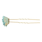 Two-prong gold hairpin topped with an aqua dried rose