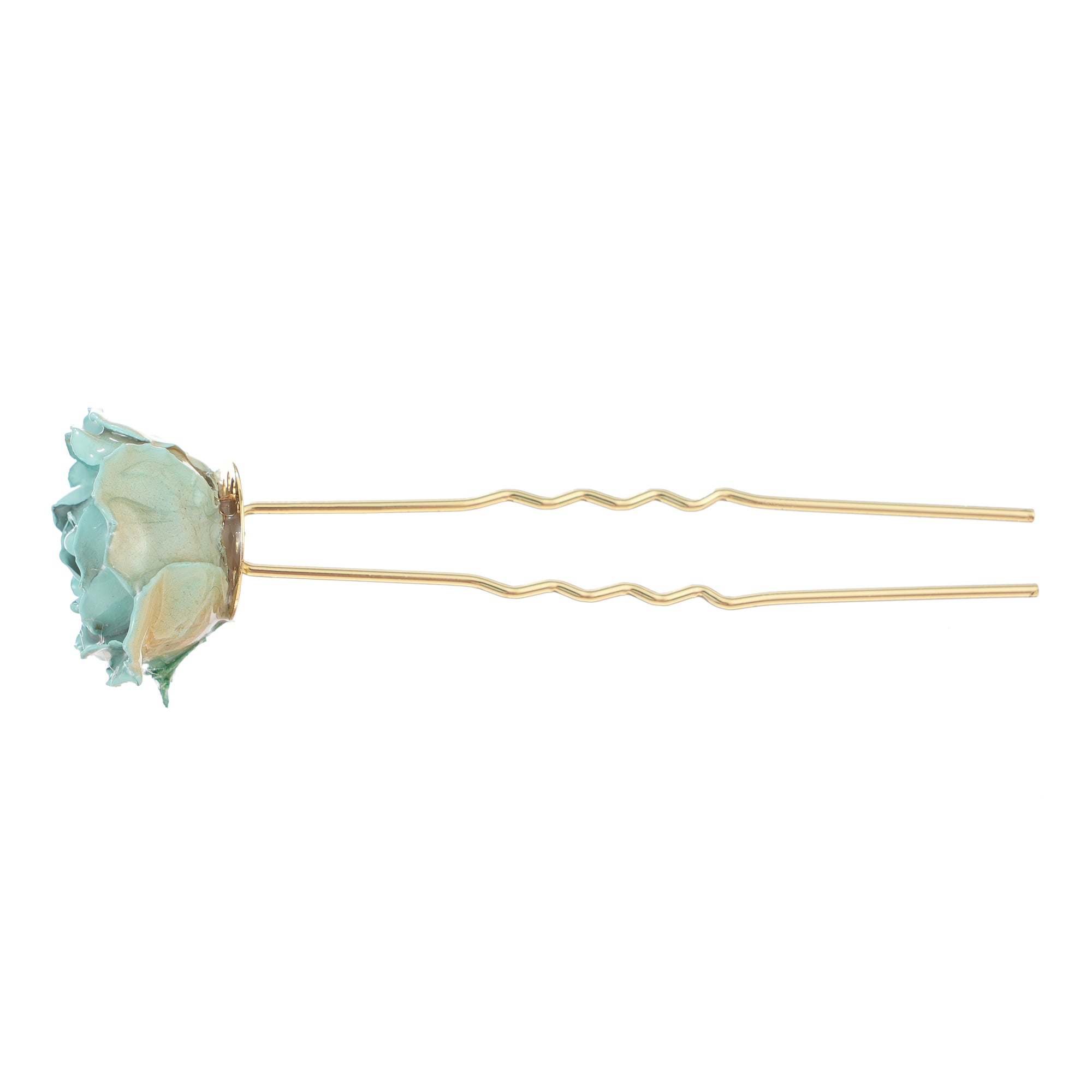 Two-prong gold hairpin topped with an aqua dried rose