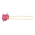 Two-prong gold hairpin topped with a bright pink dried rose