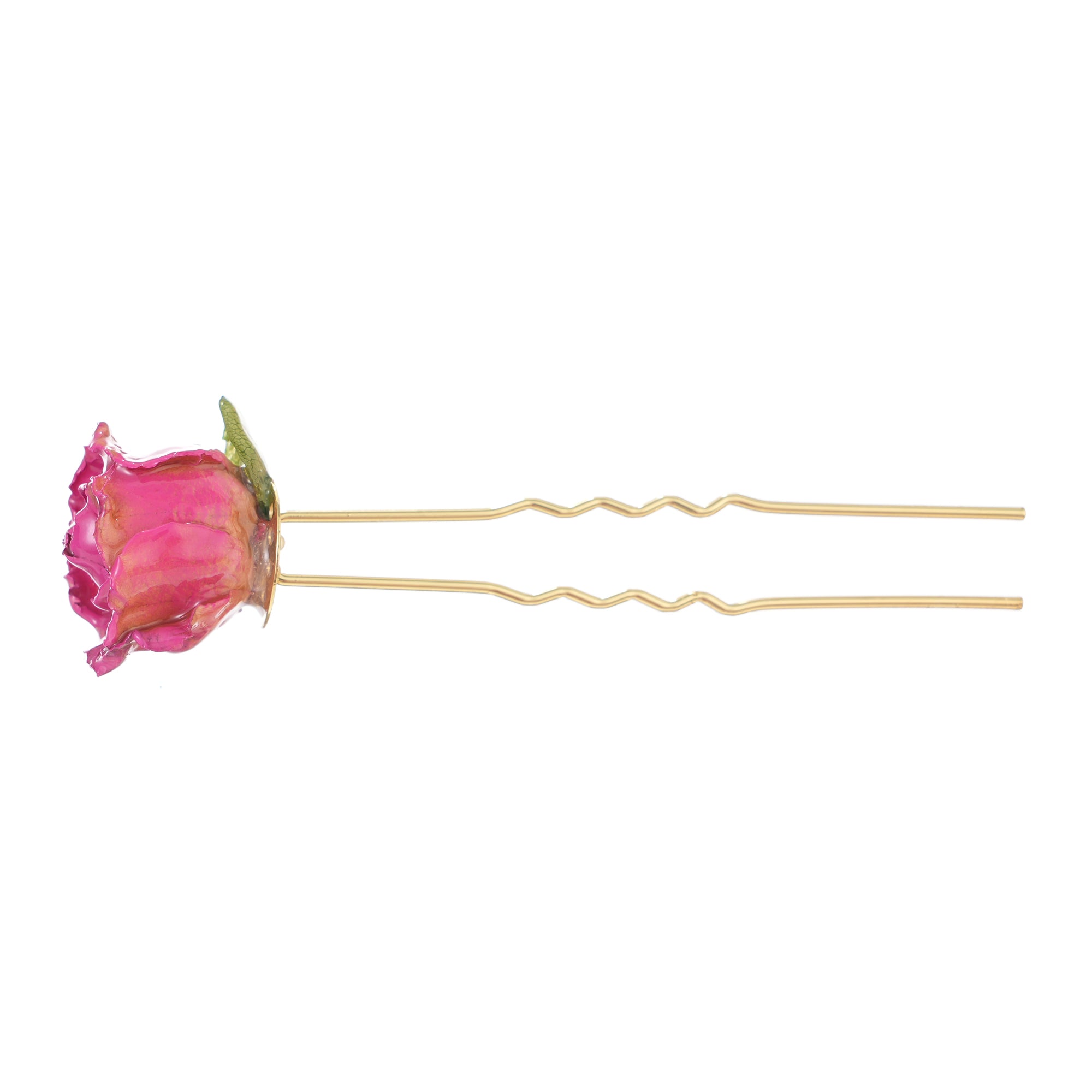 Two-prong gold hairpin topped with a bright pink dried rose