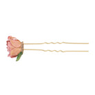 Two-prong gold hairpin topped with a light pink dried rose