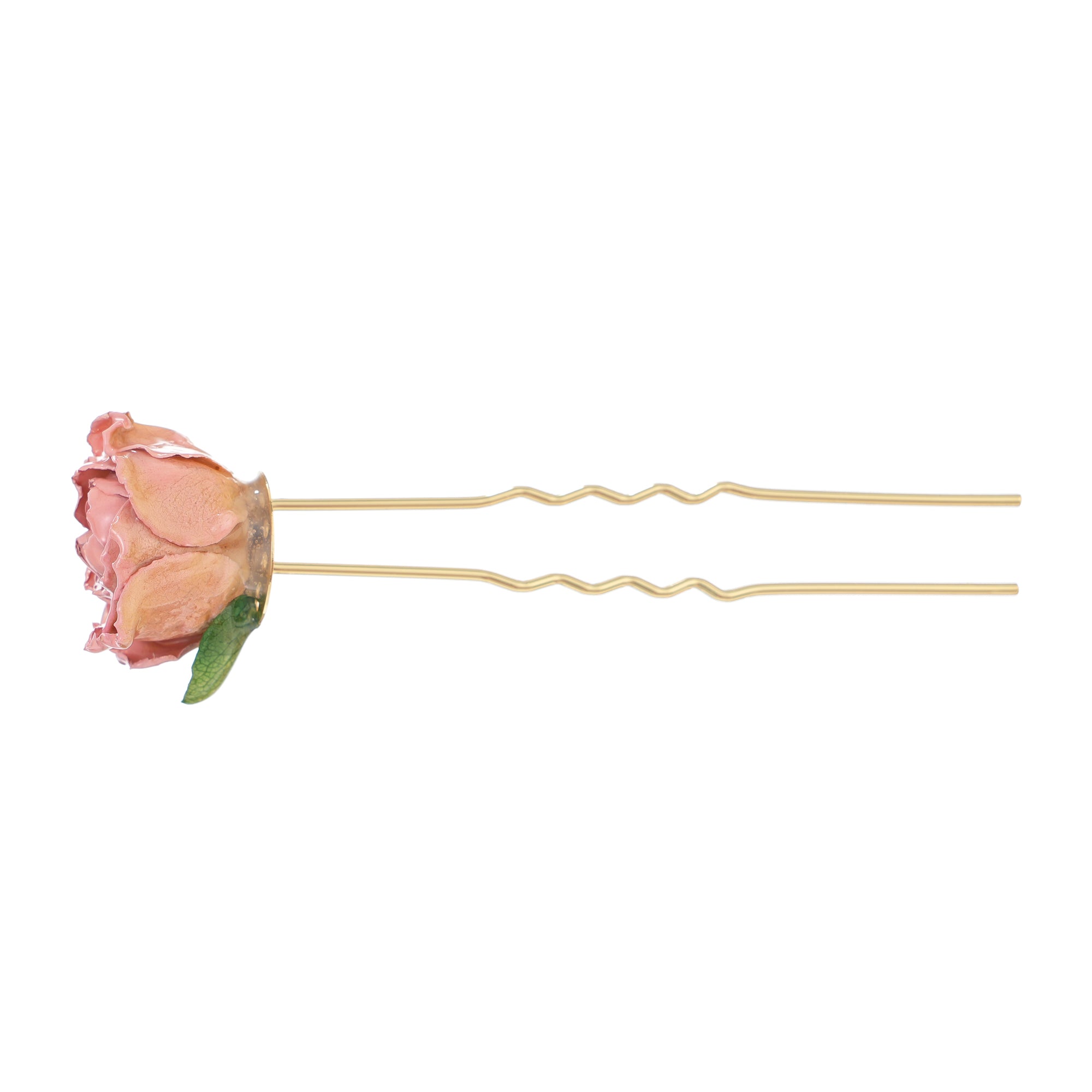 Two-prong gold hairpin topped with a light pink dried rose