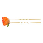Two-prong gold hairpin topped with an orange dried rose