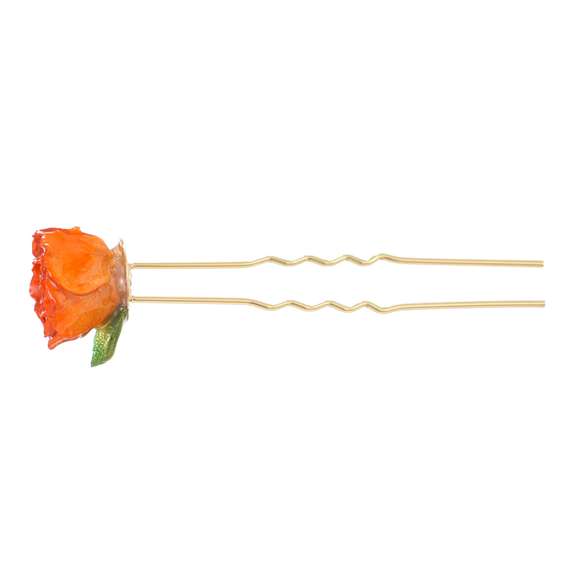 Two-prong gold hairpin topped with an orange dried rose