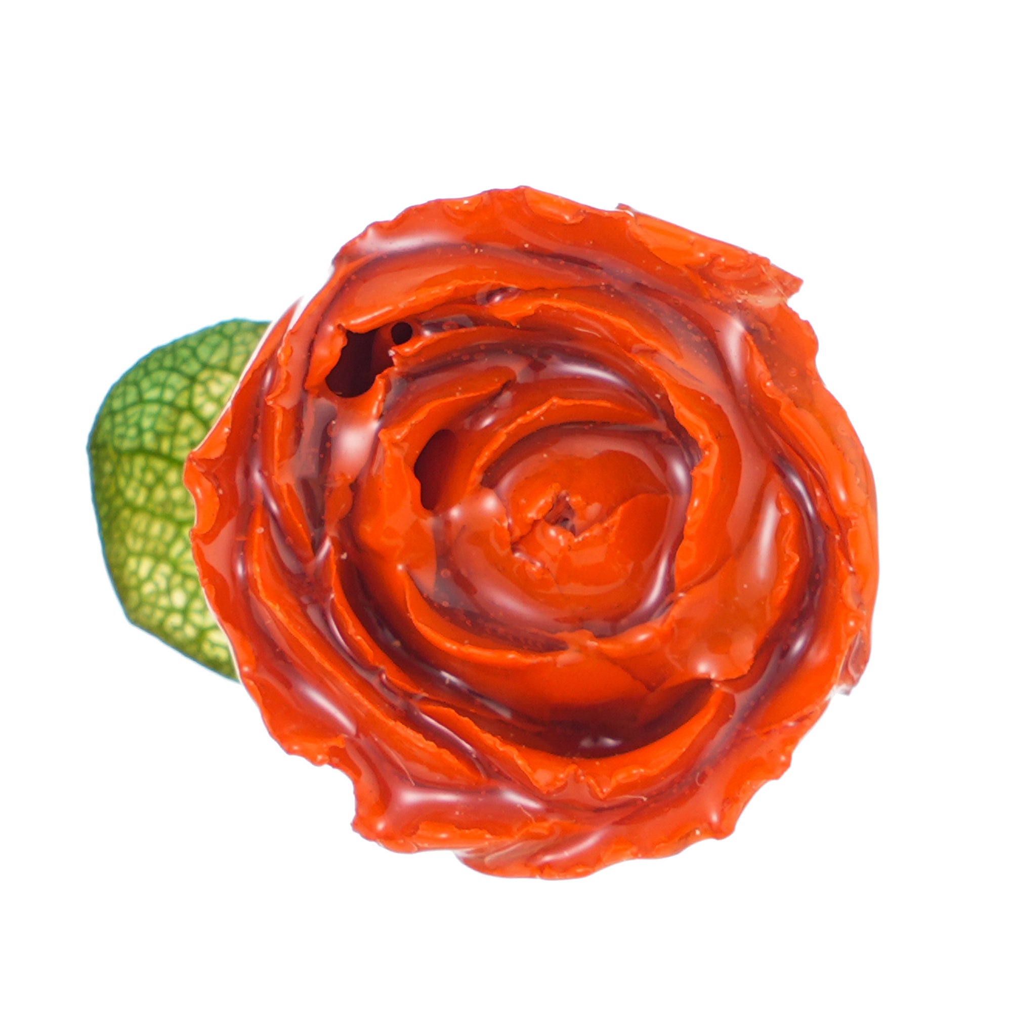 Close-up of the orange rose with a green leaf
