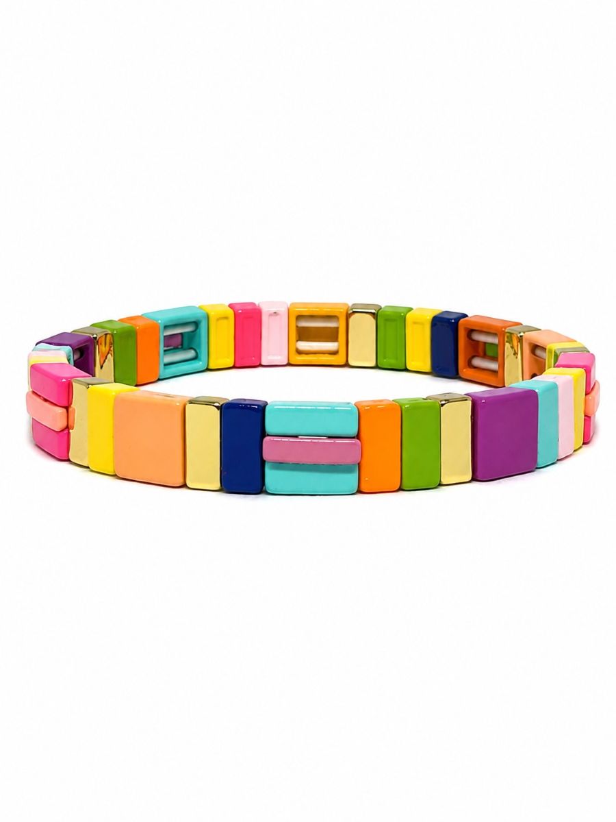 Blue Mix tile bracelet: glossy tiles in navy, aqua, purple, yellow, green, pink and orange with gold-tone tiles