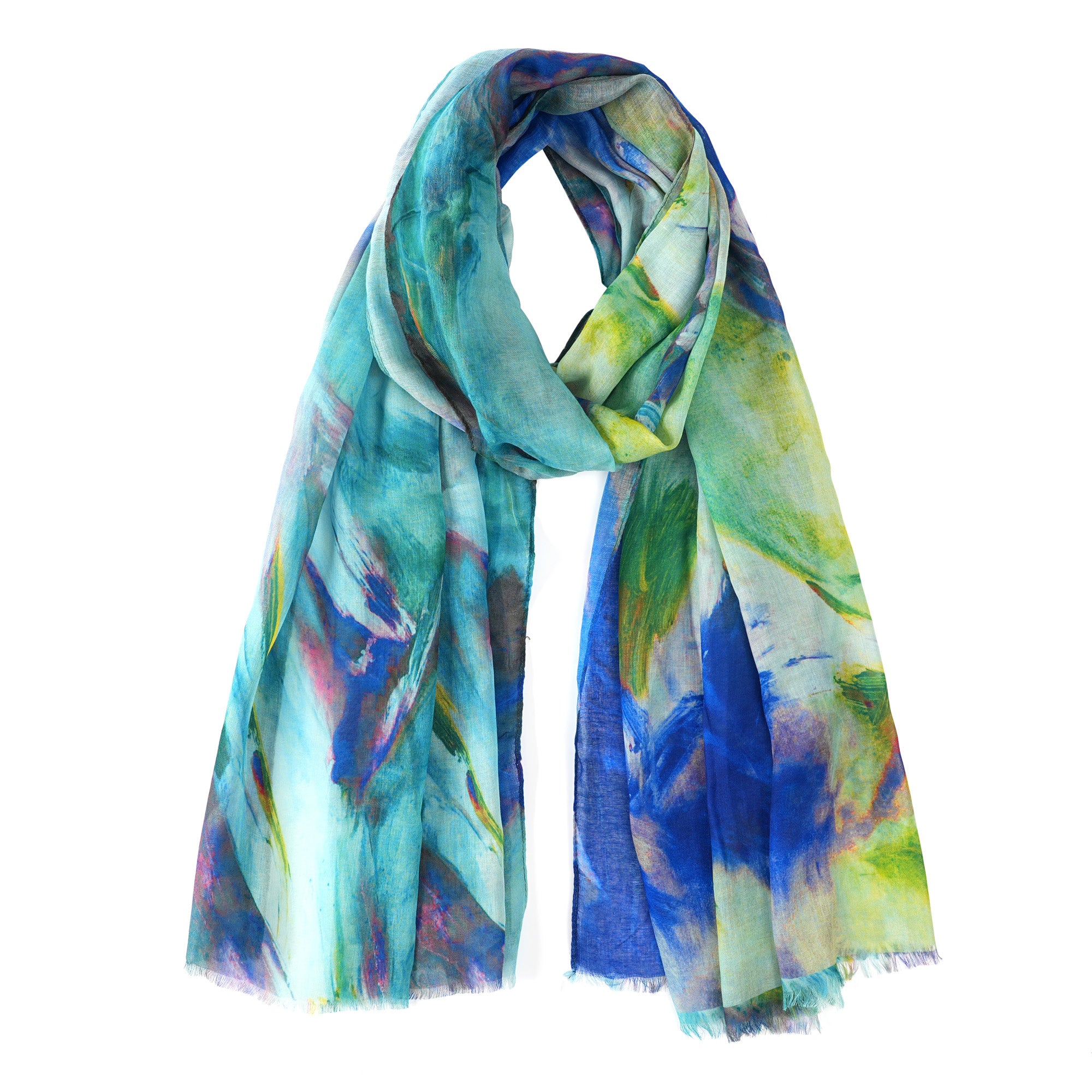 Scarf in an abstract brushstroke print of blue, green and aqua, draped in a loop