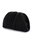 Black pleated clutch at a three-quarter angle, the pleats gathered into the frame