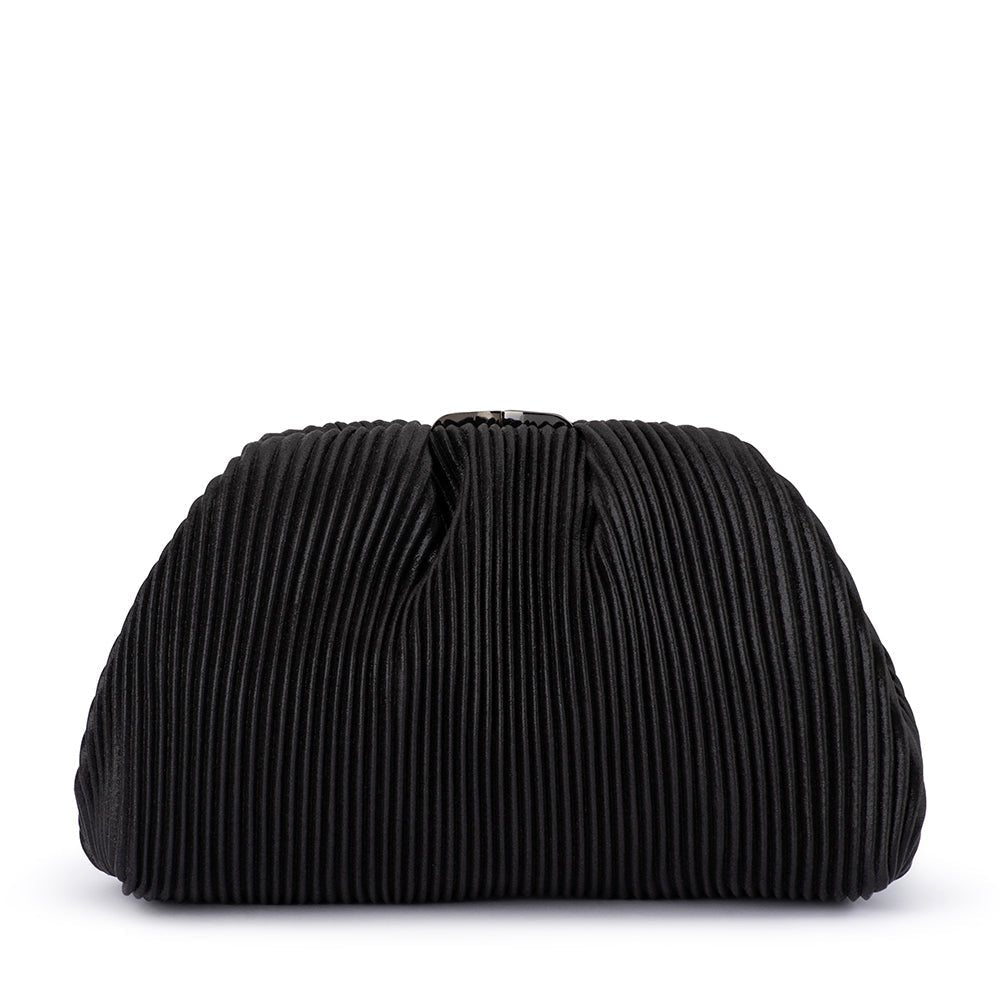 Black pleated clutch from the front, a gunmetal clasp at the top of its frame