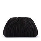 Black pleated clutch from the front, a gunmetal clasp at the top of its frame