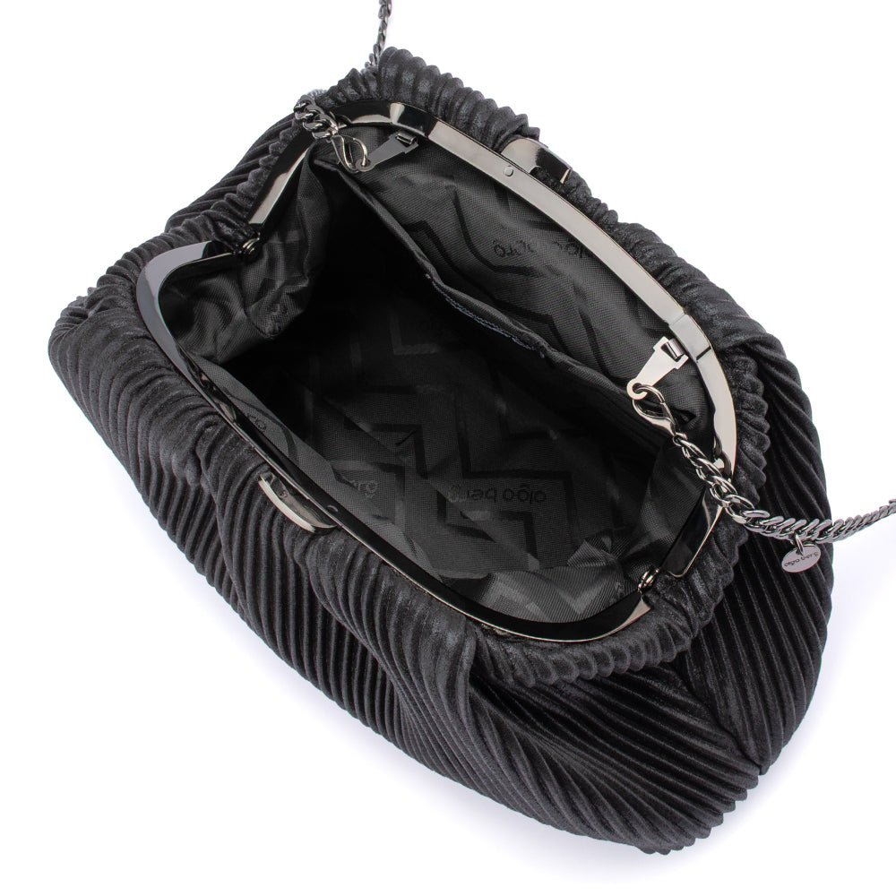 The clutch open wide on its gunmetal frame, showing a black patterned lining