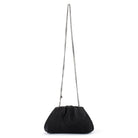 The pleated clutch hanging from its long gunmetal chain
