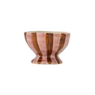 Small footed stoneware bowl painted with rose pink and brown vertical stripes