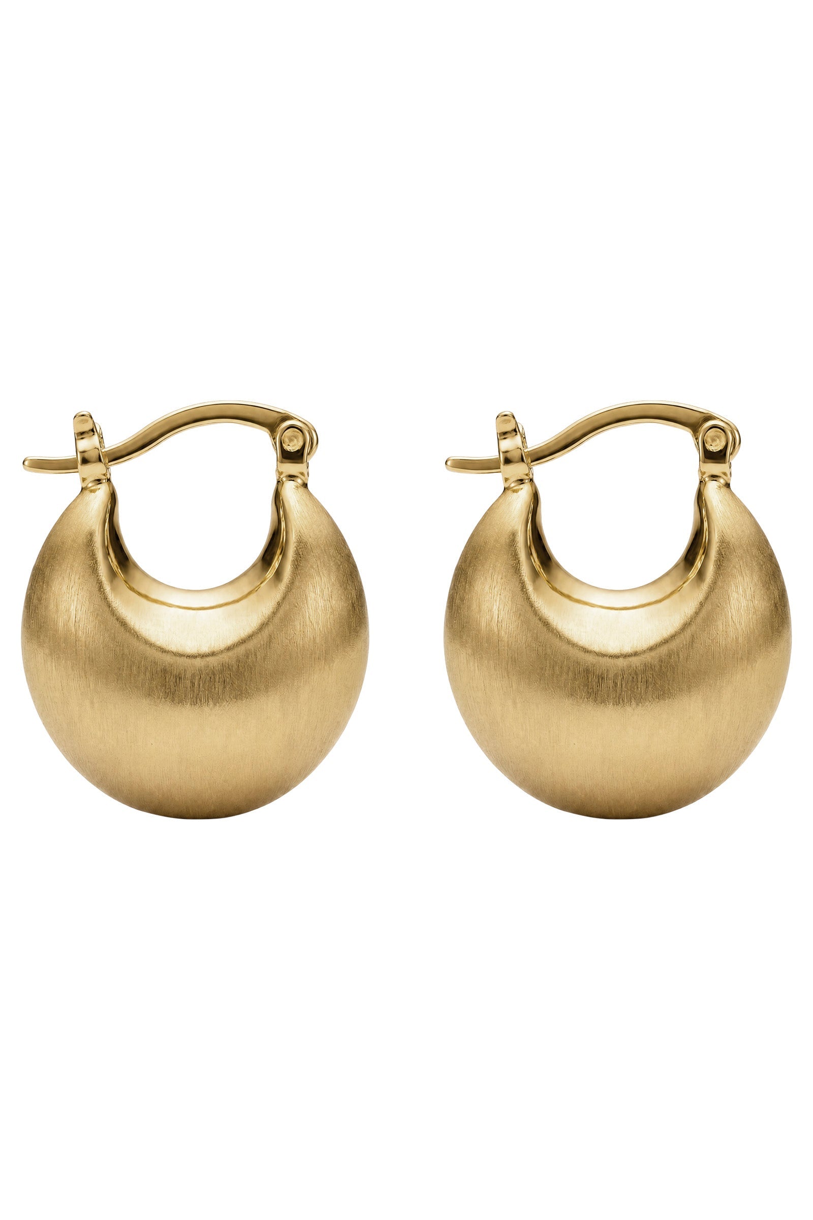 Olivera crescent hoops in Gold: a pair of chunky rounded hoops in a satin gold tone with hinged backs