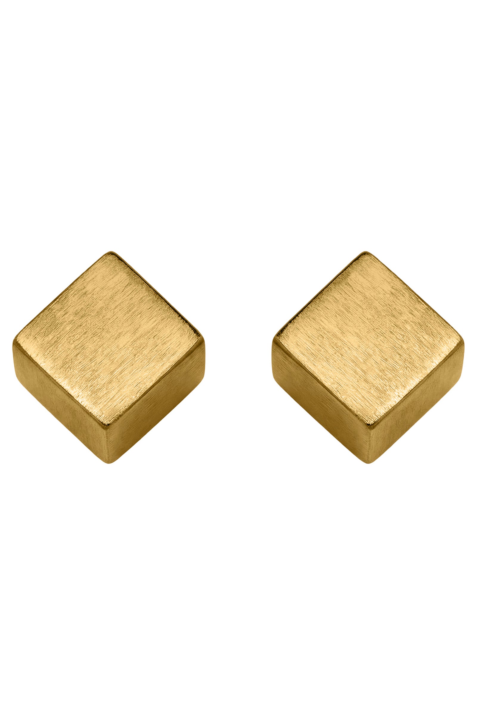 Olivera cube studs in Gold: two square satin gold-tone studs, shown turned on a corner