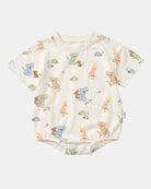Toshi Arcadia Gumnut Babies short-sleeved bubble onesie in cream cotton printed with koalas, cockatoos and echidnas