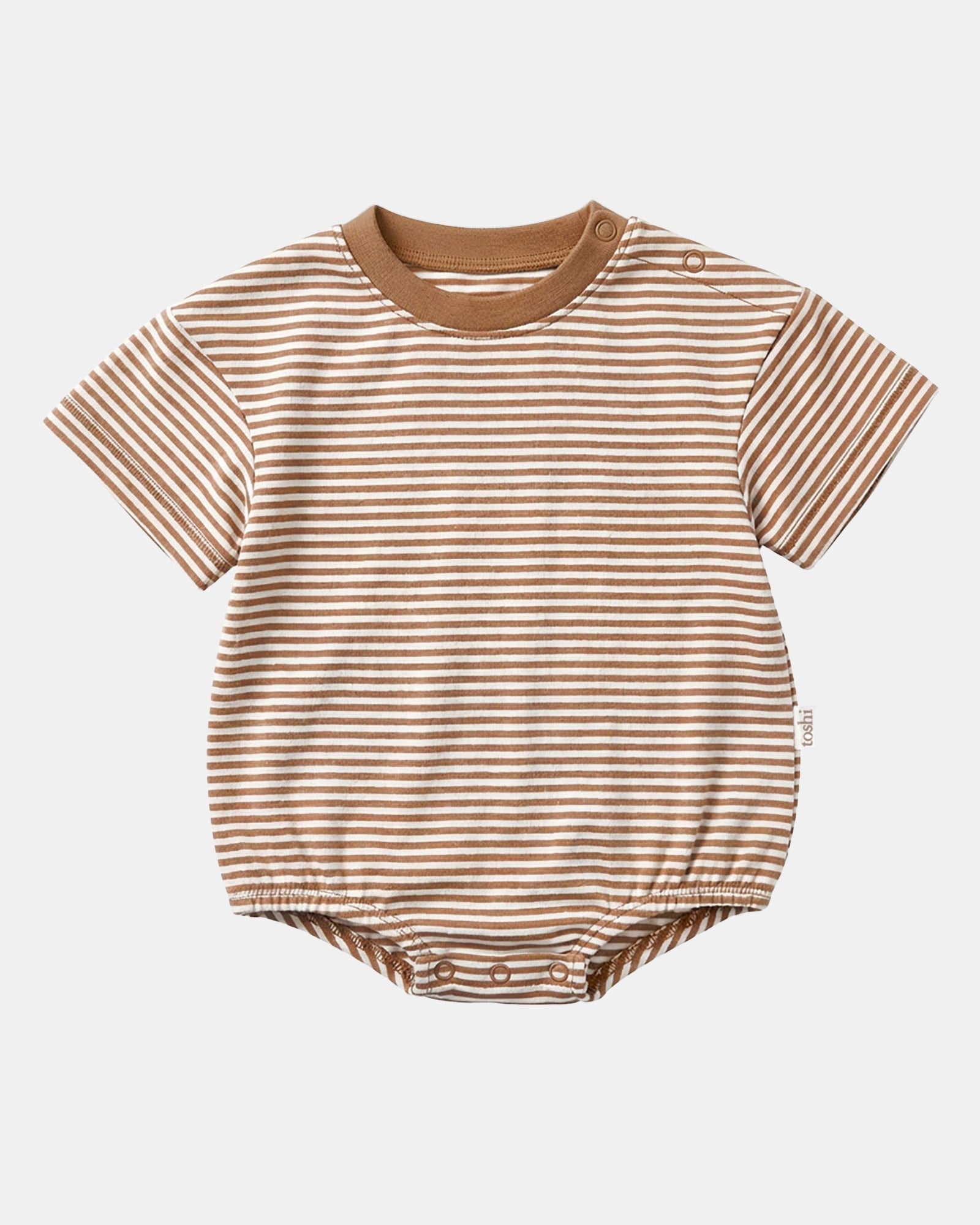 Toshi Mini Mocha short-sleeved bubble onesie in brown and white stripes with a brown neckband and shoulder press studs