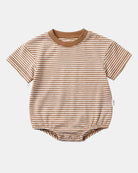 Toshi Mini Mocha short-sleeved bubble onesie in brown and white stripes with a brown neckband and shoulder press studs