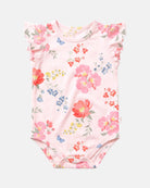 Toshi Arcadia Wild Garden short-sleeved onesie in pale pink cotton with a floral print and frilled sleeves