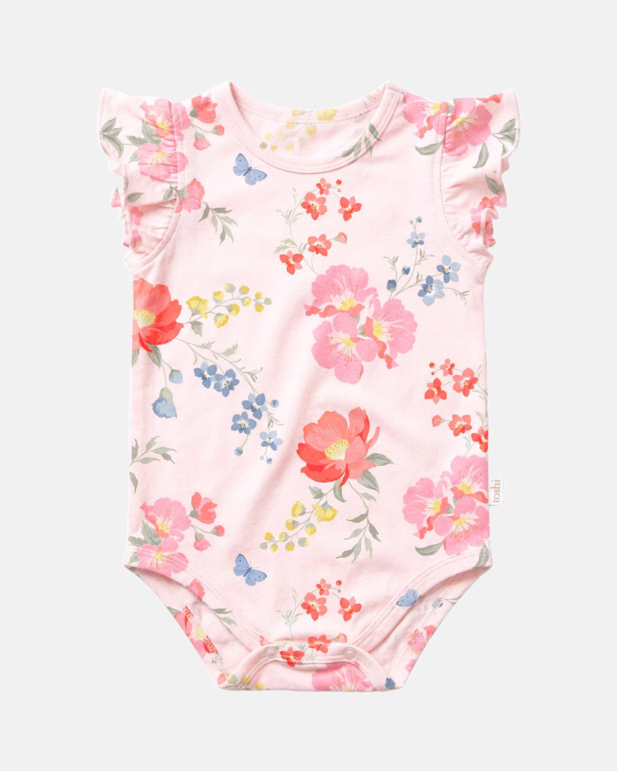 Toshi Arcadia Wild Garden short-sleeved onesie in pale pink cotton with a floral print and frilled sleeves