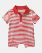 Toshi Mini Lobster polo onesie in red and white stripes with a red collar, press-stud placket and short legs