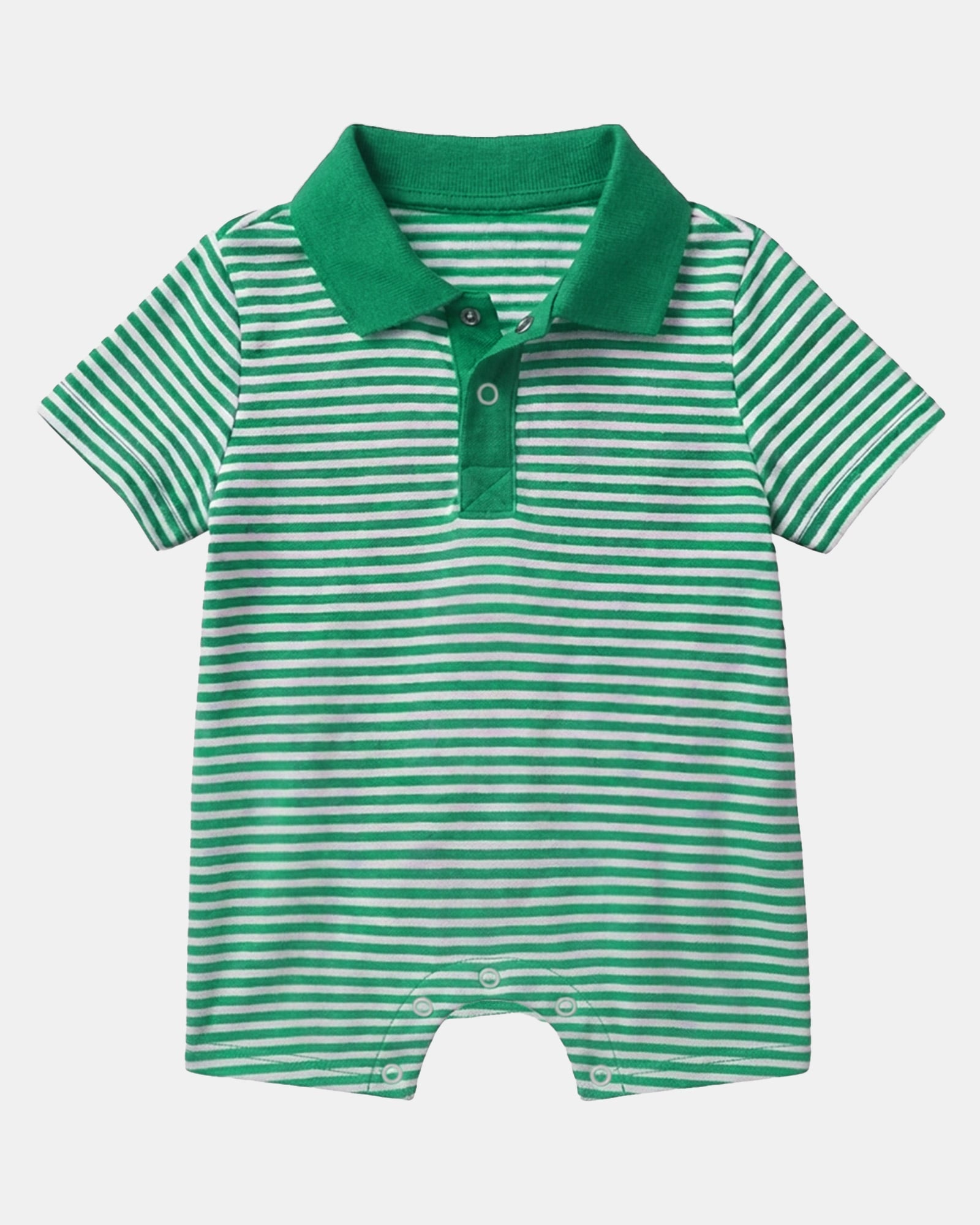 Toshi Mini Pistachio polo onesie in green and white stripes with a green collar, press-stud placket and short legs