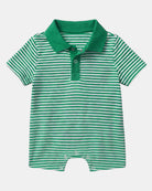 Toshi Mini Pistachio polo onesie in green and white stripes with a green collar, press-stud placket and short legs