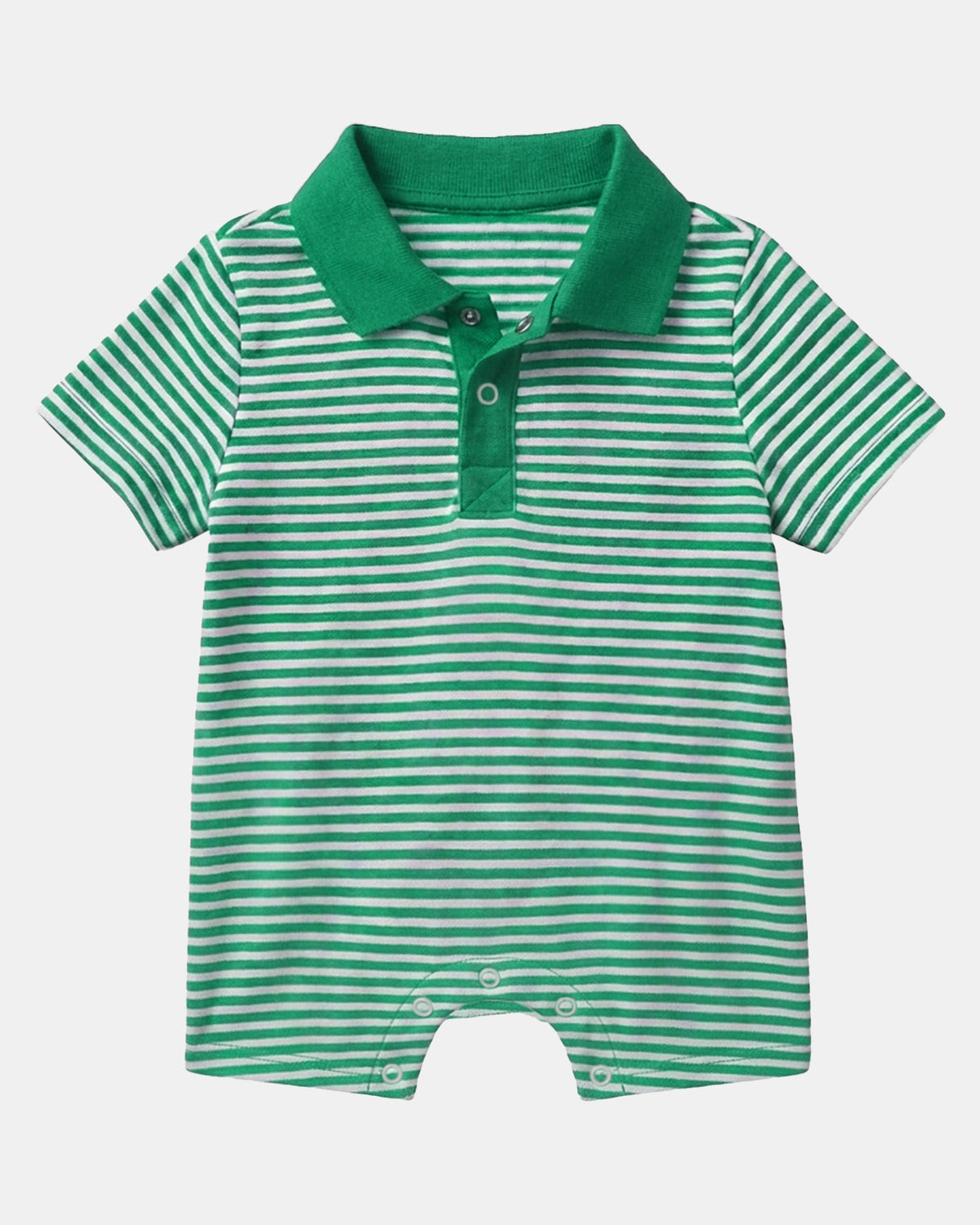 Toshi Mini Pistachio polo onesie in green and white stripes with a green collar, press-stud placket and short legs