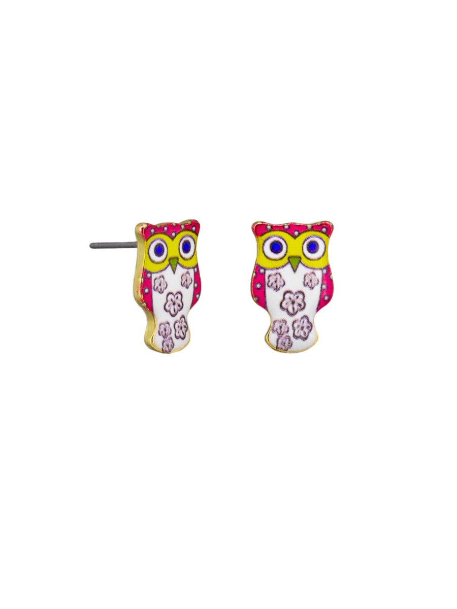 Pair of owl stud earrings with yellow faces, big blue eyes, hot pink heads and wings, and white bodies patterned with lilac flowers