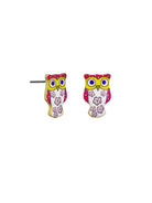 Pair of owl stud earrings with yellow faces, big blue eyes, hot pink heads and wings, and white bodies patterned with lilac flowers
