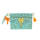 Aqua quilted bandana-print pouch with an embroidered yellow and orange palm tree, an orange palm tree charm and wrist strap on one side and an orange tassel on the other.