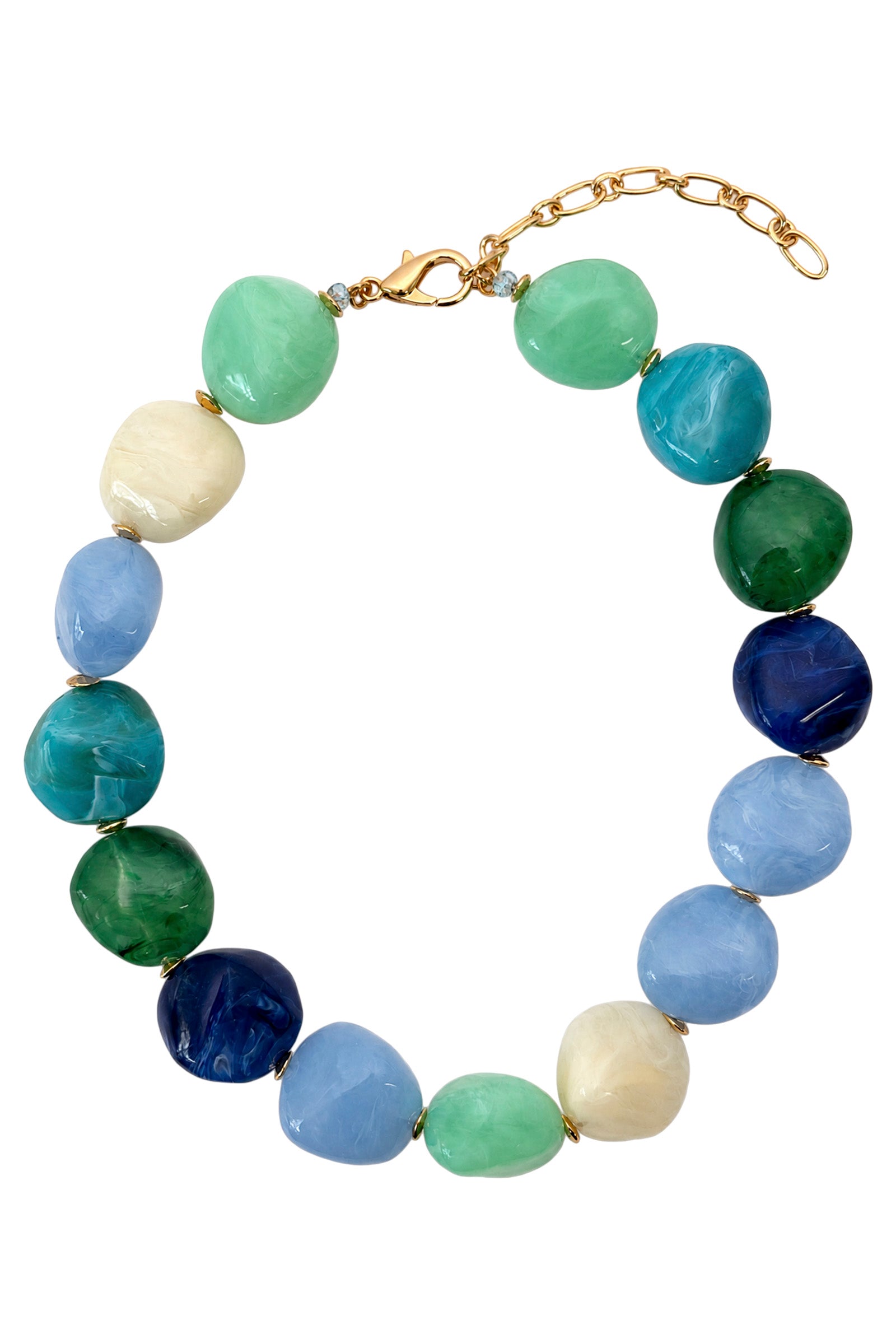Palmera Seafoam necklace laid flat: marble-look beads in light blue, navy, teal, mint, emerald and cream on a gold-tone clasp and chain