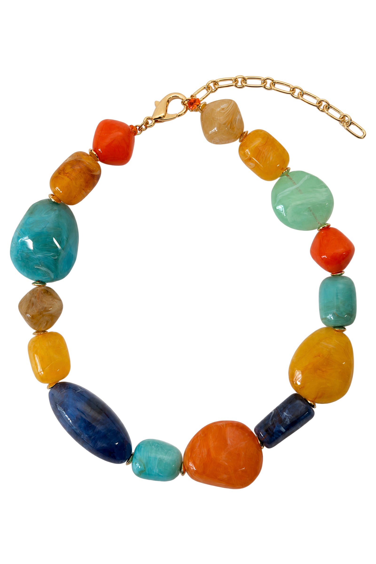 Palmera Sunset necklace laid flat: marble-look beads in orange, turquoise, amber, mint and navy on a gold-tone clasp and chain