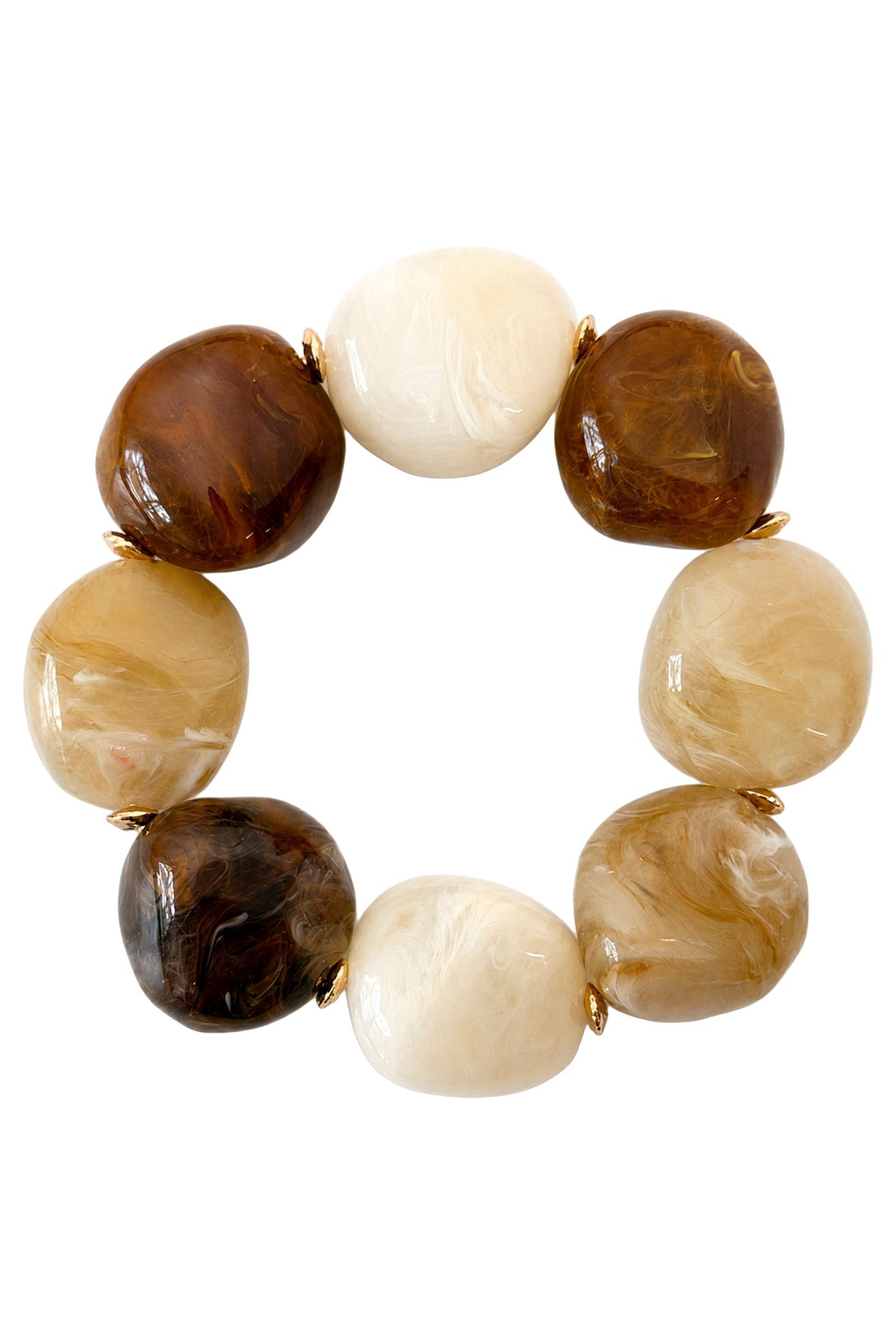 Palmera Dune stretch bracelet: large marble-look beads in dark brown, caramel and cream with gold-tone spacers